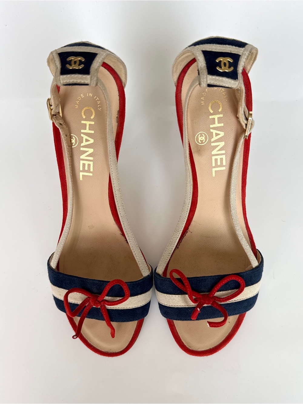 Chanel tricolor suede red, white and blue heeled sandals size US 6